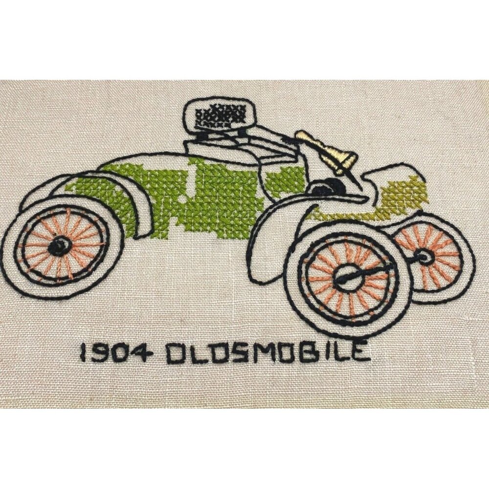 Antique Automobile Cross Stitch 1904 Oldsmobile Embroidery Linen Complete